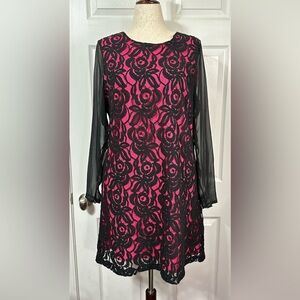 Worthington Vibrant Pink Dress Size 14 Black lace & black sheer Sleeves